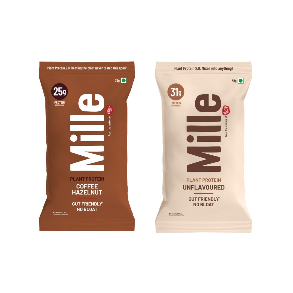 Mille Plant Protein Powder | 31g Unflavoured & 25g Coffee Hazelnut Protein Trial Pack| Made with Fermented Yeast Protein Powder | No Bloat Vegan No Added Sugar | 38g Trial Pack x 2
