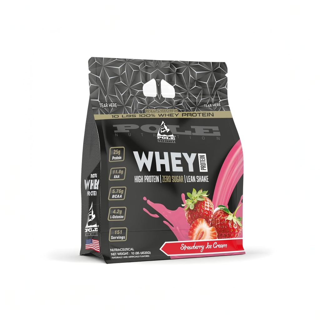 Pole Nutrition Whey Protein | 10 Lbs (4.5 kg) | High Protein, Zero Sugar Lean Muscle Shake | Muscle Gain & Recovery Support (10 lbs, STRAWBERRY ICE CREAM)