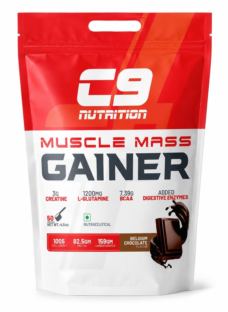 C9 Nutrition Muscle Mass Gainer Powder 4.5kg | 82.5g Protein, 159g Carbohydrates, 3g Creatine, L-Glutamine & BCAA | Weight Gainer for Men & Women | Belgium Chocolate | (55 Servings 4.5kg)