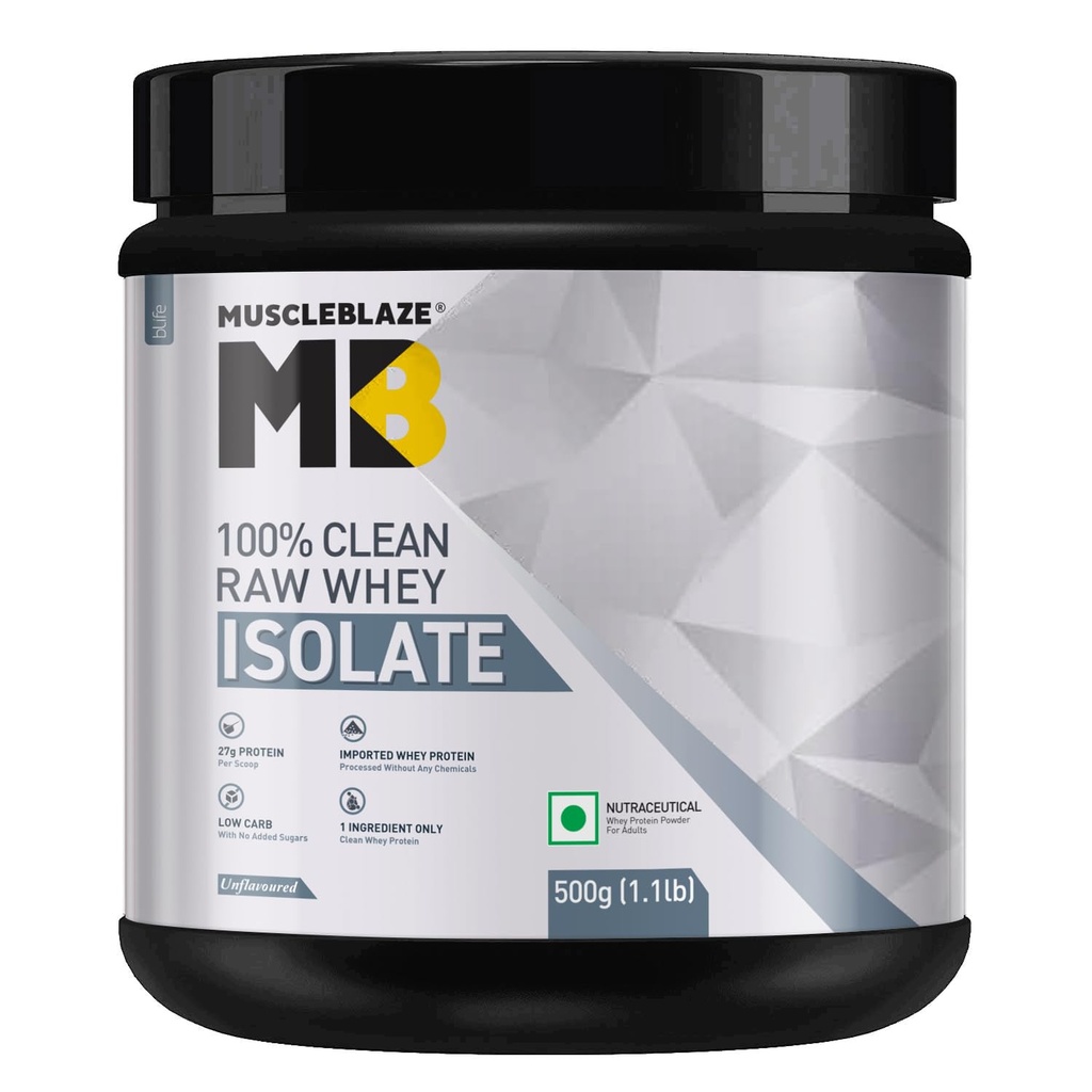 MuscleBlaze 100% Clean Raw Whey Protein Isolate, 500g (1.1lbs)
