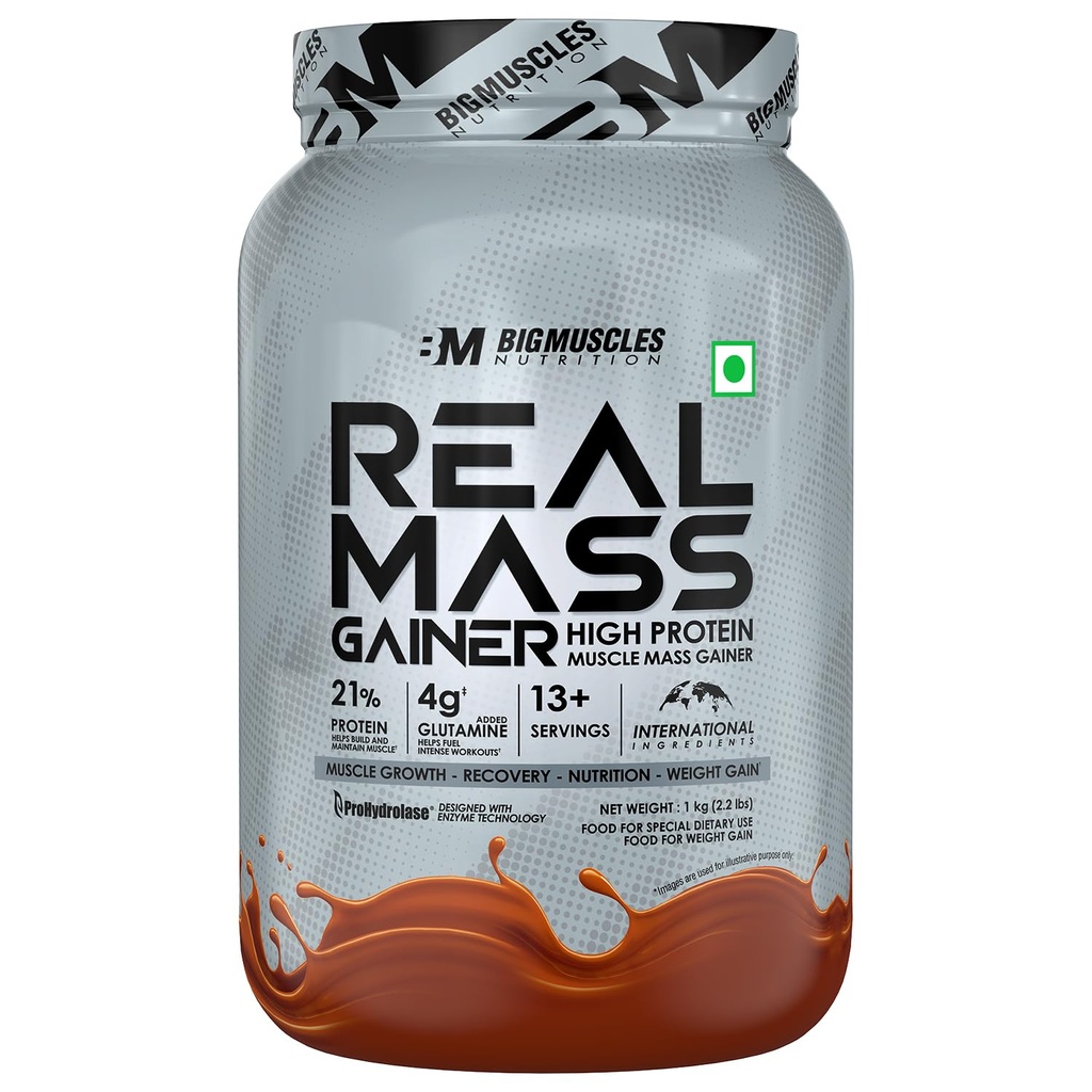 Bigmuscles Nutrition Real Mass Gainer [ Rich Chocolate]|Lean Whey Protein Muscle Mass Gainer|Complex Carbohydrates,|1000 Calories|Reduces Muscle Breakdown|Boosts Metabolism, 1 count, 1000 grams