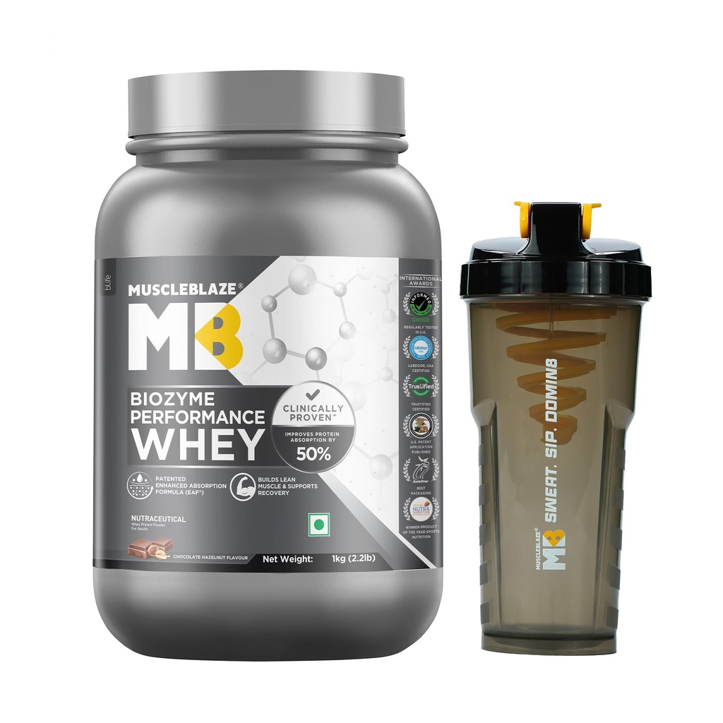 MuscleBlaze Biozyme Performance Whey Protein Powder, 1kg (2.2lbs) + Shaker