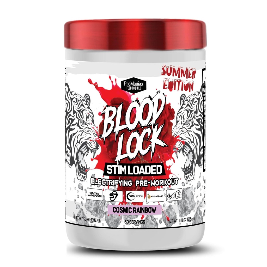 Blood Lock Stim-Loaded Pre-Workout, Summer Edition, 60 Servings (315g) - Cosmic Rainbow Flavour