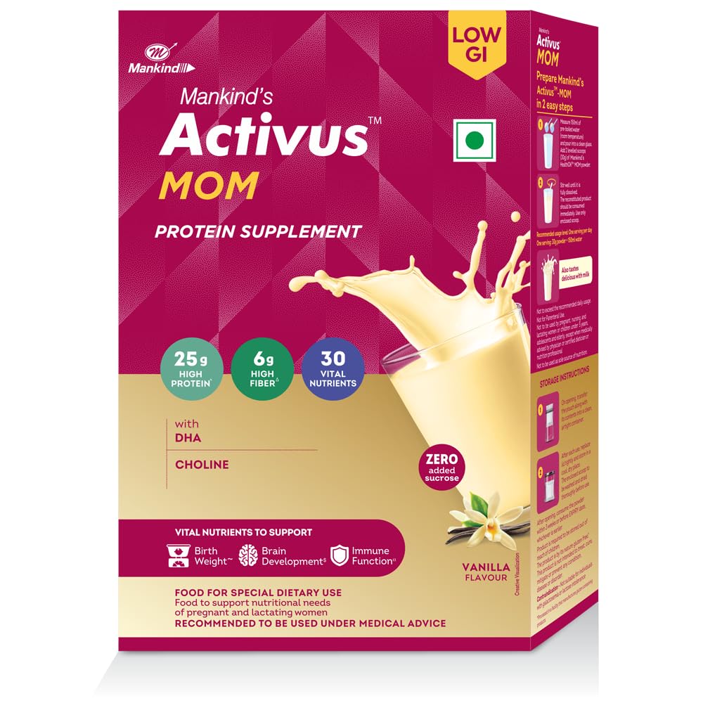 Mankind's Activus MOM Protein Supplement | For Birth Weight, Brain Development and Immunity | With DHA & Choline | Vanilla Flavour | 400g