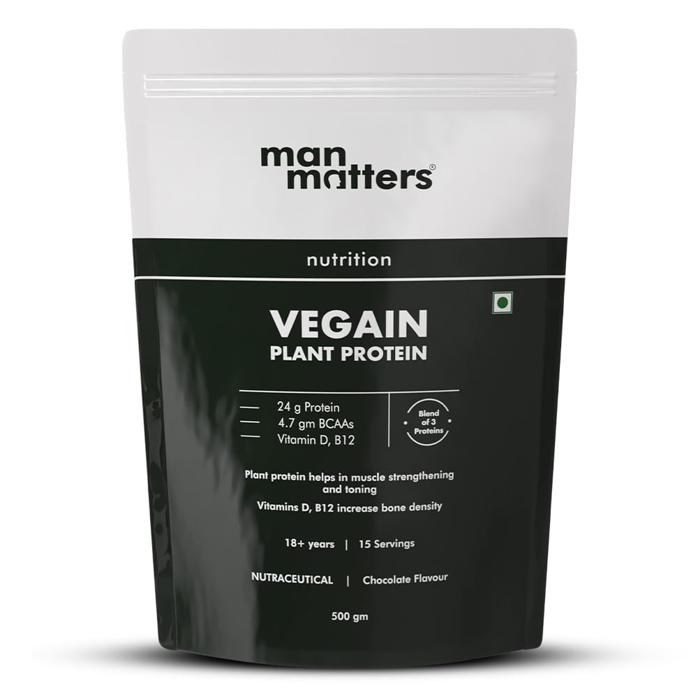 Man Matters VEGAIN Plant Protein Powder for Men | 100% Vegetarian | Made with Pea, Brown Rice, Moong Bean and Whole Algae | Gluten Free, Dairy Free & Soy Free | 500 grams