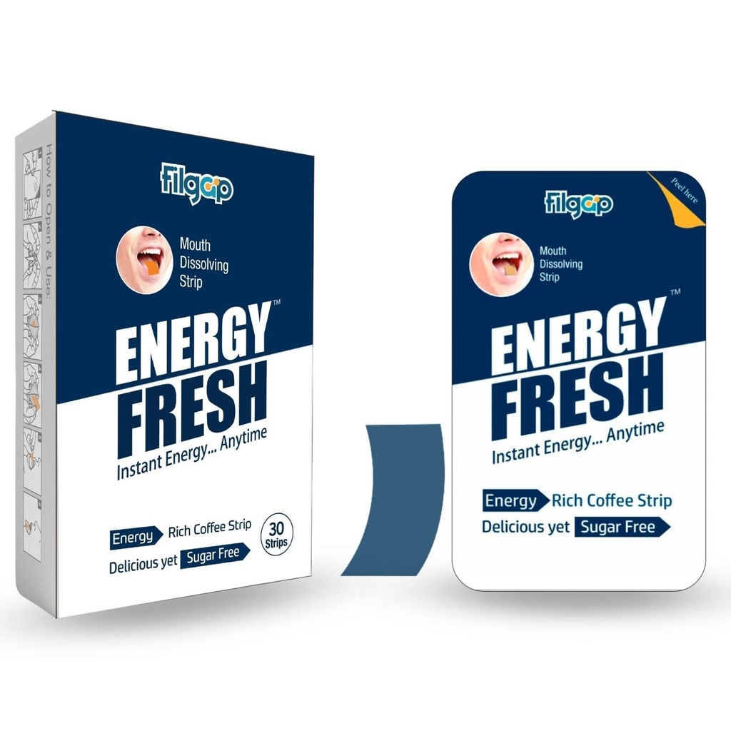 Filgap Energy Oral Strips with Caffeine | Instant Energy Booster Mouth Dissolving Strips | Sugar Free Pre Workout & Sports Supplement for Focus and Alertness | 30 Strips