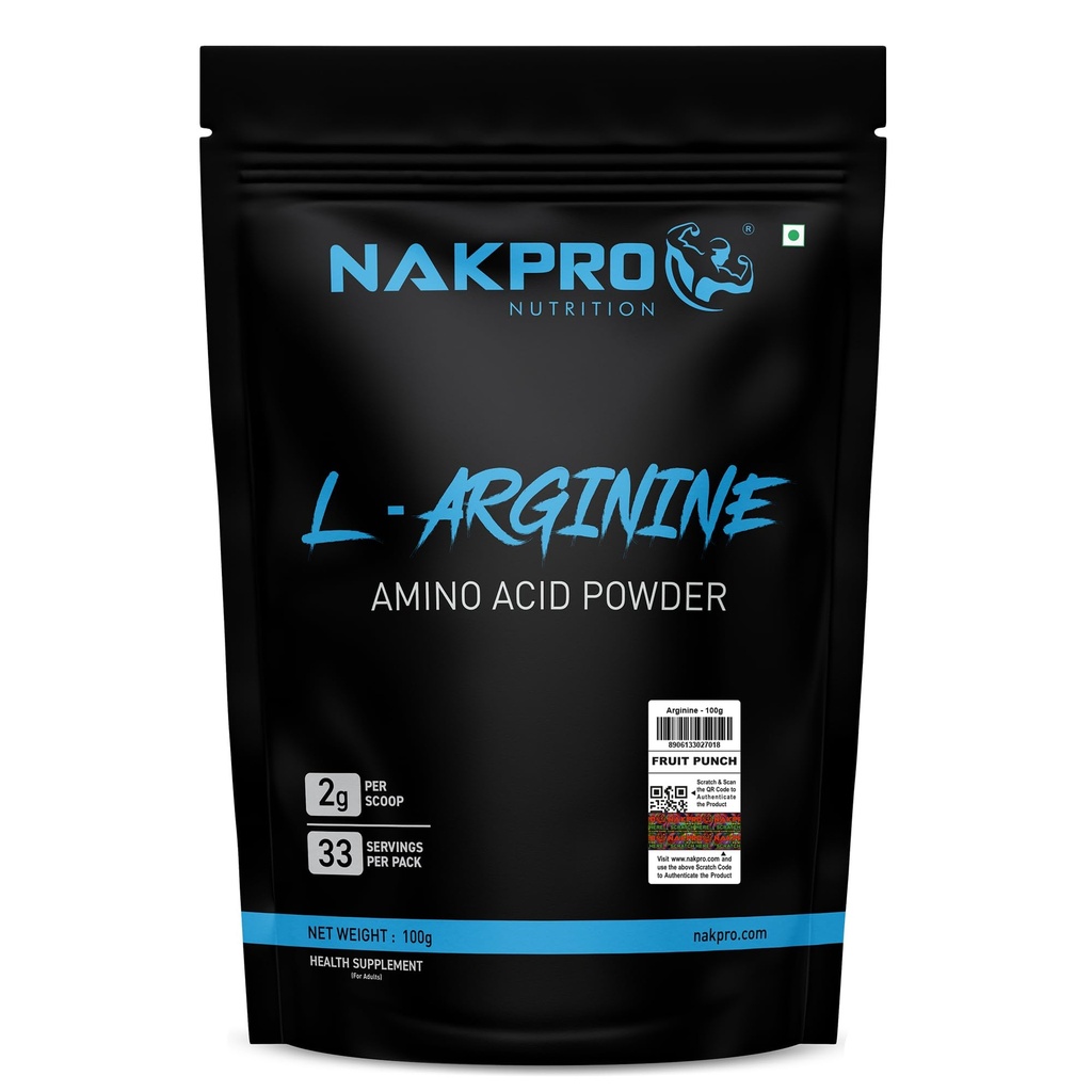 NAKPRO NUTRITION L-Arginine | 100g, FruitPunch | 2g L-Arginine, 1.8kcal Energy | Pre Workout Amino Acid