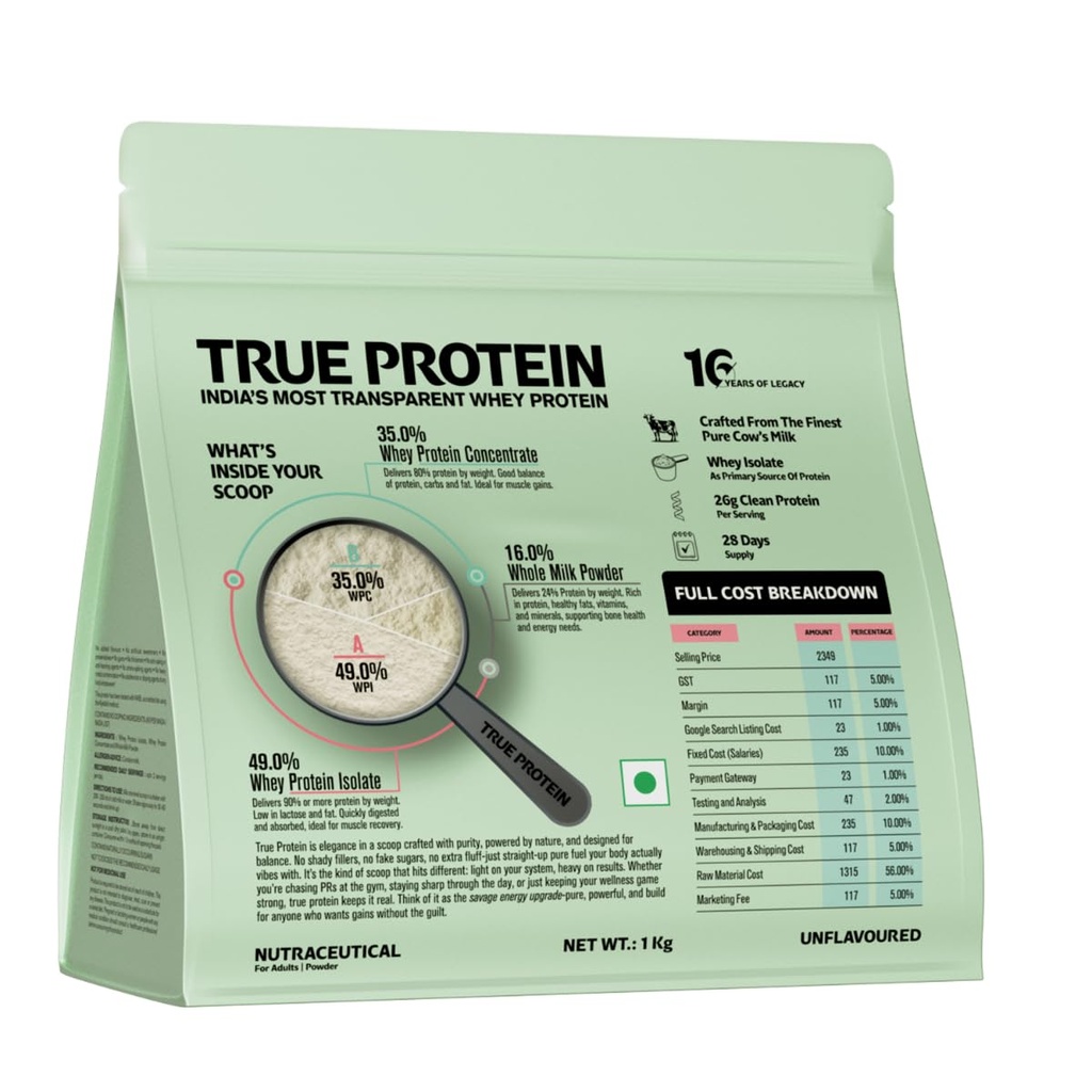 True Protein Clean Whey Protein Isolate & Concentrate [Unflavoured,1kg] | 26g Protein | 3 Natural Ingredients Only | No Added Flavours | No Artificial Sweeteners | Light & Gut Friendly | Lab Tested