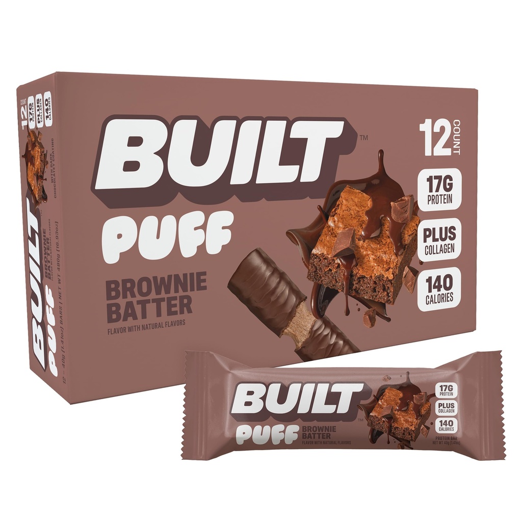 BUILT Bar Puff Protein Bars - Brownie Batter - 17g Protein Snack Bars with Collagen - Calorie Conscious & Gluten Free - 12 Count