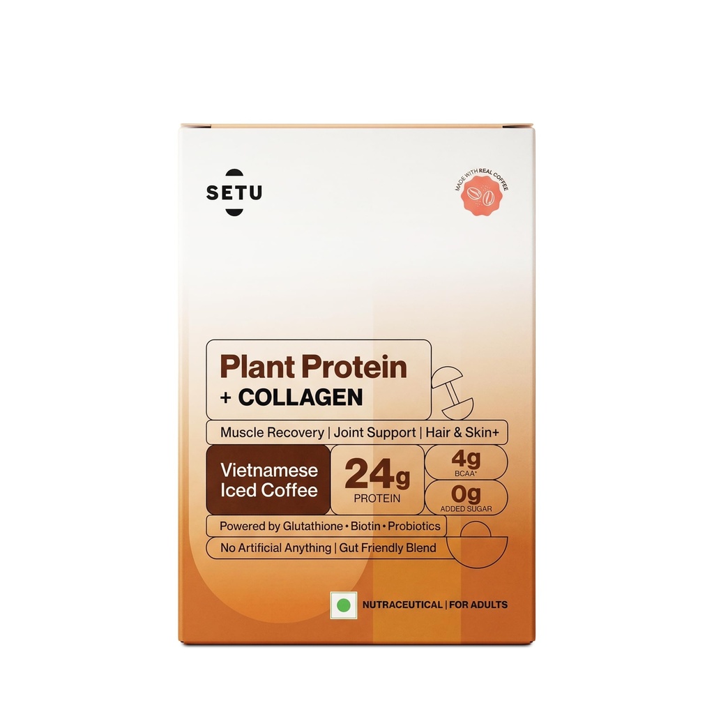Setu Plant Protein + Veg Collagen | 24g Protein with Glutathione & Biotin | Pea & Rice Isolate | For Muscle, Skin & Hair | (Pack of 6 Single Serve Sachets)