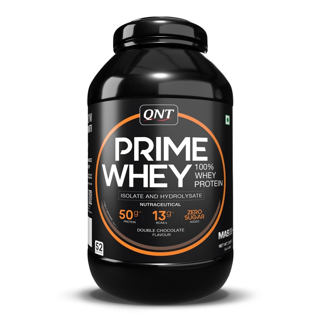 QNT Prime Whey Protein Powder | Double Chocolate, 2 Kg | Triple Blend of Whey Isolate, Concentrate & Hydrolysate | 25g Protein, 5.65g BCAA per Scoop | Best Whey Protein Powder for Men & Women