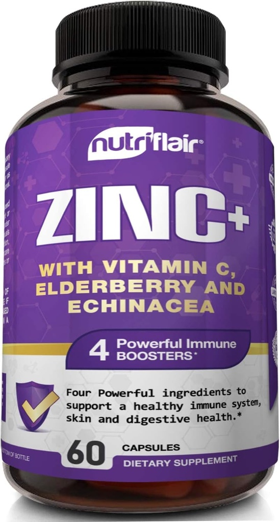NutriFlair Zinc 50mg - med vitamin C, Elderberry, Echinacea Purpurea Extract, Zink Oxide - Jämför med picolinate, Citrate, Oxide - Komplett Immun Support Formel piller med 4 immunförsvar