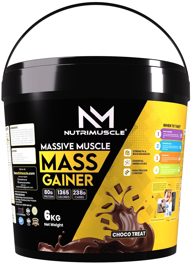 Nutrimuscle Massive Muscle Mass Gainer – 6 Kg | Chocolate Flavour | High Protein Gainer with Whey Protein, Creatine Monohydrate, BCAA & Digestive Enzymes for Mass, Muscle, Power & Strength | For Men & Women