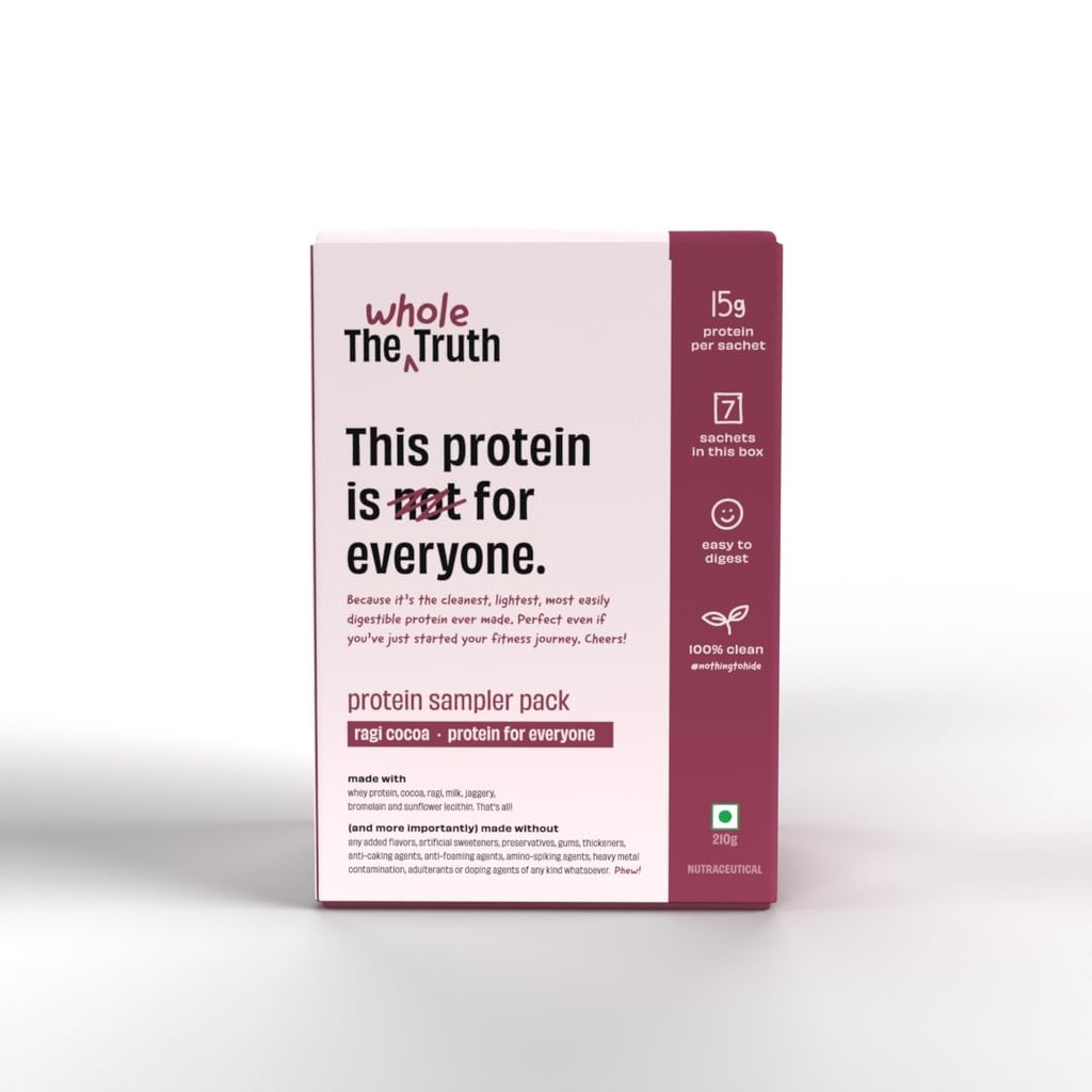The Whole Truth 15 g Protein/Sachet | Pack of 7 Sachets | Ragi Cocoa | Protein For Everyone | Beginners Protein Powder | Clean, Light & Easy to Digest | No Artificial Flavours (210 g)