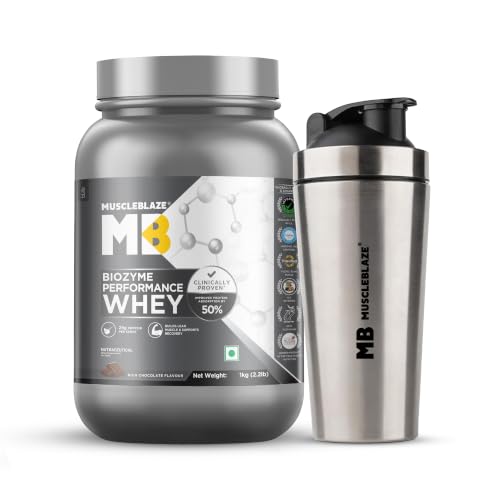 MuscleBlaze Biozyme Performance Whey Protein Powder, 1kg + Shaker