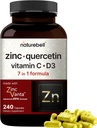 NatureBell Zinc Quercetin C & D3 bitaminarekin, 240 kapsulak | Quercetin 1.000mg + Zinc 50mg + C 250mg + D3 5.000 IU bitamina | 4-in-1 Advanced Immune & Lung Support | ZincVanta Formula