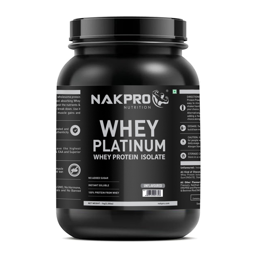 NAKPRO NUTRITION Platinum Whey Protein Isolate | 1kg Unflavoured, Jar | 31g Protein| Trustified Certified