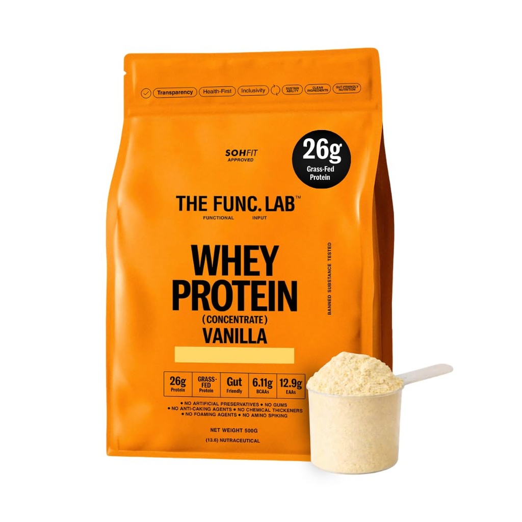 The Func. Lab Whey Protein Concentrate - Vanilla Flavor | 500g | Grass‑Fed, 26g Protein, 6.11g BCAA per Scoop | High Protein Supplement for Muscle Growth, Digestion and Absorption Support