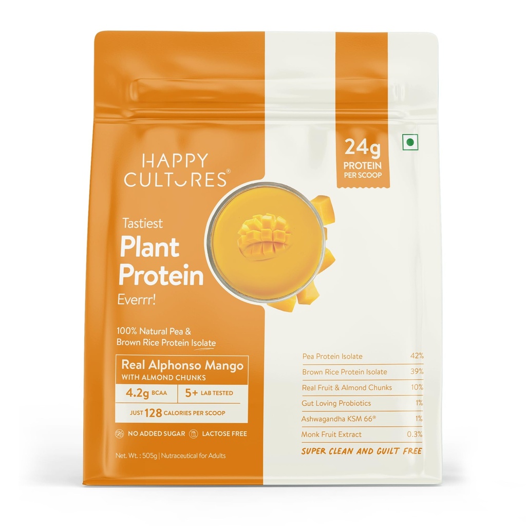 Happy Cultures 24g Tastiest Plant Protein| Real Alphonso Mango, Almond Chunks & Ashwagandha (KSM 66) |Pea & Brown Rice Protein Isolate| No Added Sugar| Vegan| 20 Complete Amino Acids | Monk Fruit Extract| Women & Men| No Bloating, Easy to Digest| Dairy Free with Probiotics - 505g