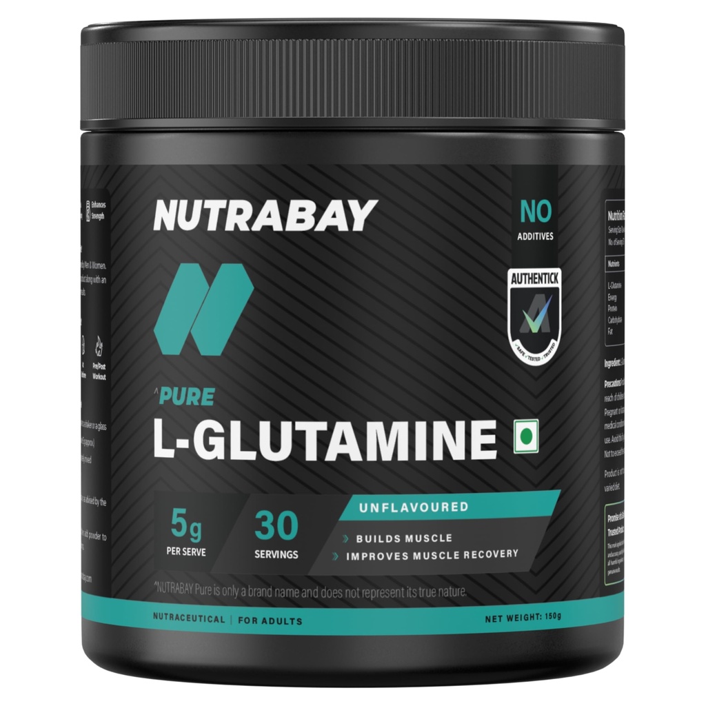 Nutrabay Pure L-Glutamine Powder 5000mg, Amino Acid - Post Workout Supplement for Muscle & Immunity Build Up - 150g, Unflavoured | 100% Authentic Supplement | No Banned Substances | Tested for Purity