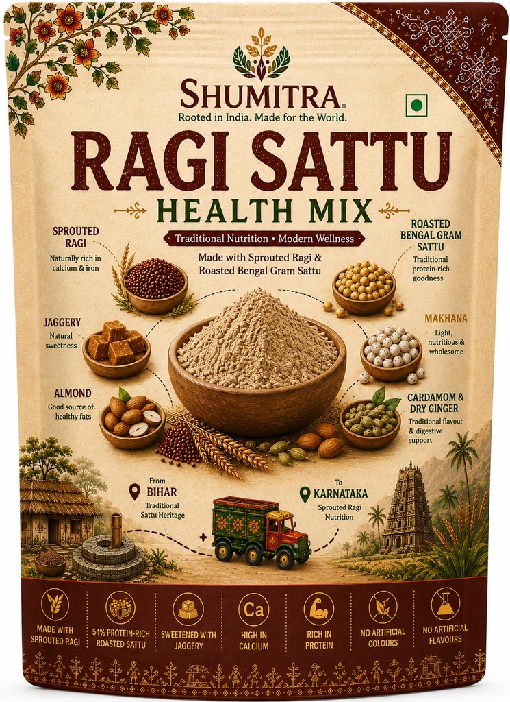 Ragi Sattu Drink Mix 450g | Roasted Bengal Gram with Sprouted Ragi, Makhana & Almond | Jaggery Sweetened Health Drink | No Refined Sugar | No Preservatives