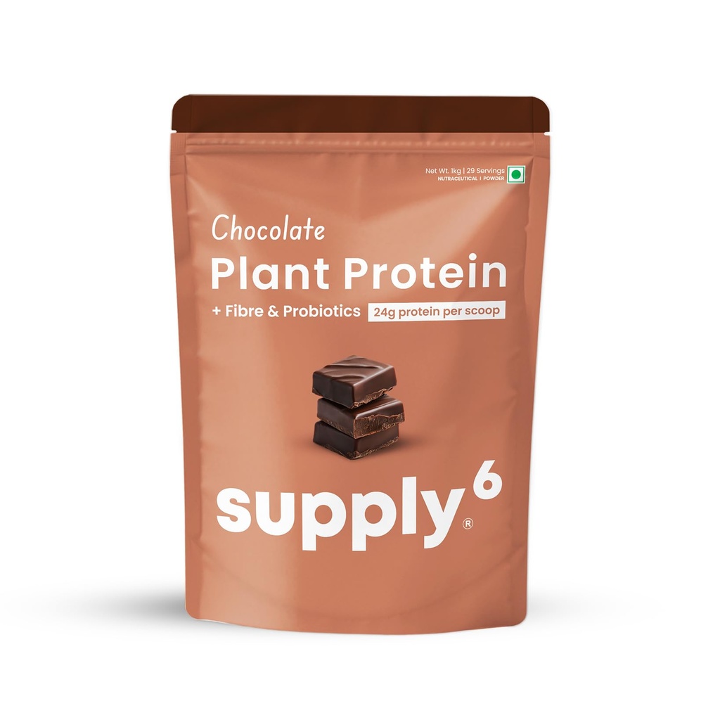 Supply6 Plant Protein | 24g Vegan Protein with Probiotics & Fibre | Complete Amino Acids | Gut-Friendly, Zero Sugar, No Chalkiness | Delicious Taste (1000g, Chocolate)