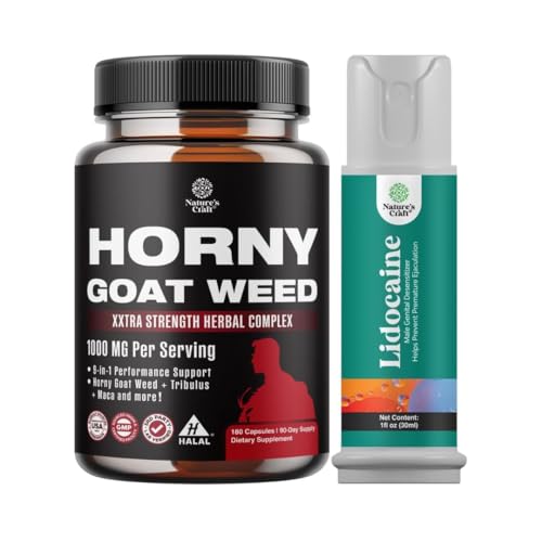 Bundle of Horny Goat Weed for Men - Extra Strength Male Supplement, and Lidocaine Desensitizing Topical Spray Climax Control for Longer Lasting Performance - Boost Endurance and Stamina Fast Acting