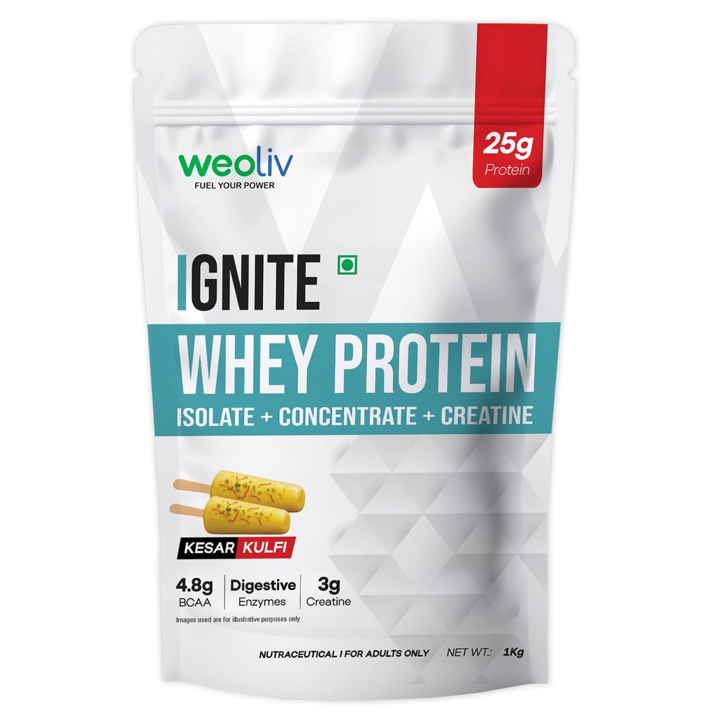 Ignite Whey Protein Powder 1kg | 25g Protein + 3g Creatine Per Serving | Blend of Whey Isolate & Concentrate | 5X Digestive Enzymes | Low Carb, Fast Absorbing | NABL Lab Tested | Kesar Kulfi