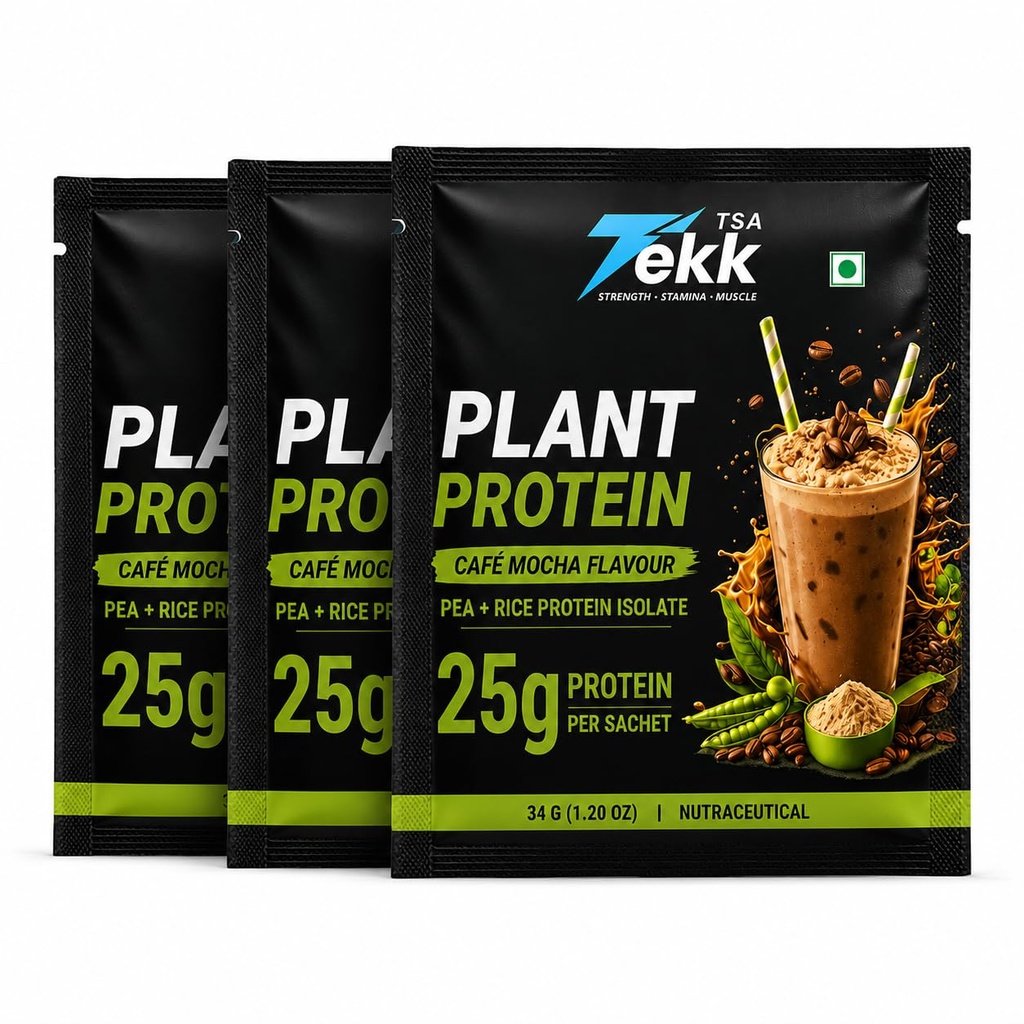 TSA Tekk Plant Protein Powder, Café Mocha Flavour, Pea & Rice Protein Isolate, 21g Protein Per Serving, 100% Vegan, 34 gram each sachets, Pack of 3