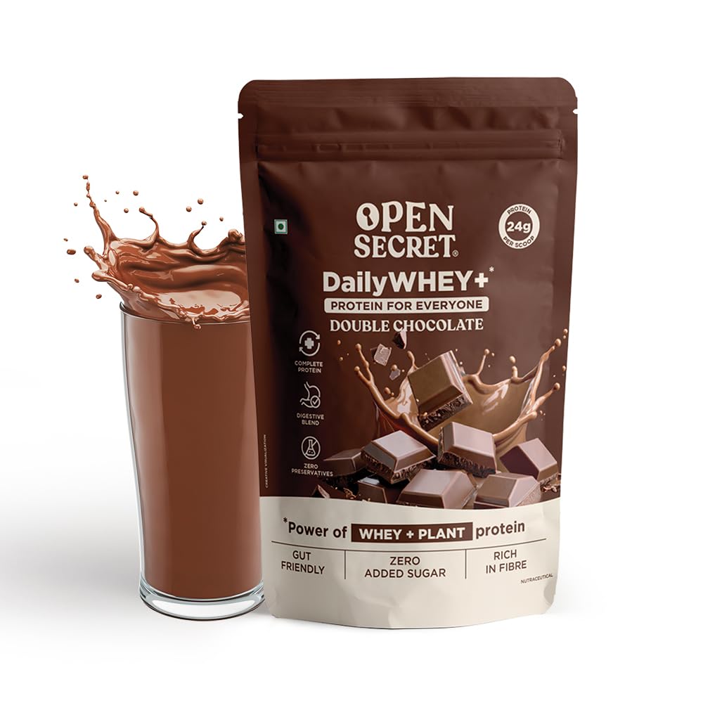 OPEN SECRET Whey Protein Powder | 24g Protein Per Serving | Pre Workout, Big Muscle Protein, Muscle Gainer, No Preservatives, No Artificial Flavour, Double Chocolate (980g)