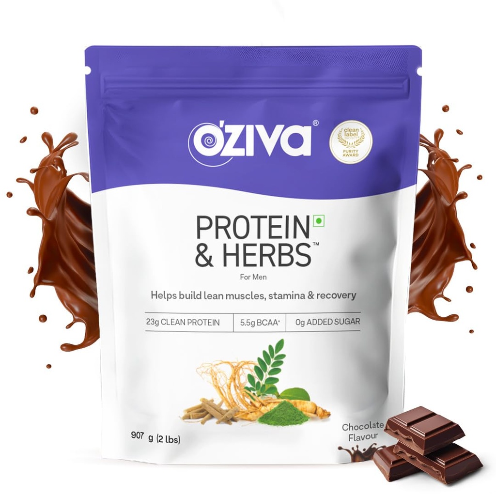 OZiva Protein & Herbs for Men (Chocolate) I Muscle Building, Stamina & Recovery | Clean Protein, Shatavari, Green Tea I No Added Sugar, 2lbs
