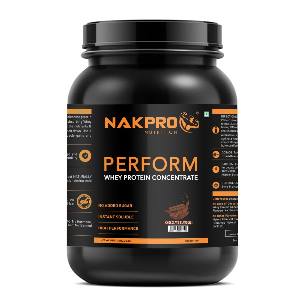 NAKPRO NUTRITION Perform Whey Protein Concentrate | 1kg Chocolate, Jar | 24g Protein, Trustified Certified