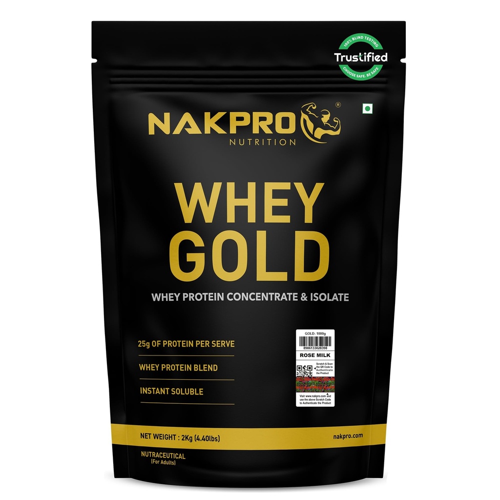 NAKPRO NUTRITION Gold Whey Protein Concentrate & Isolate 1kg Rose Milk flavour | 25.5g Protein | Trustified Certified