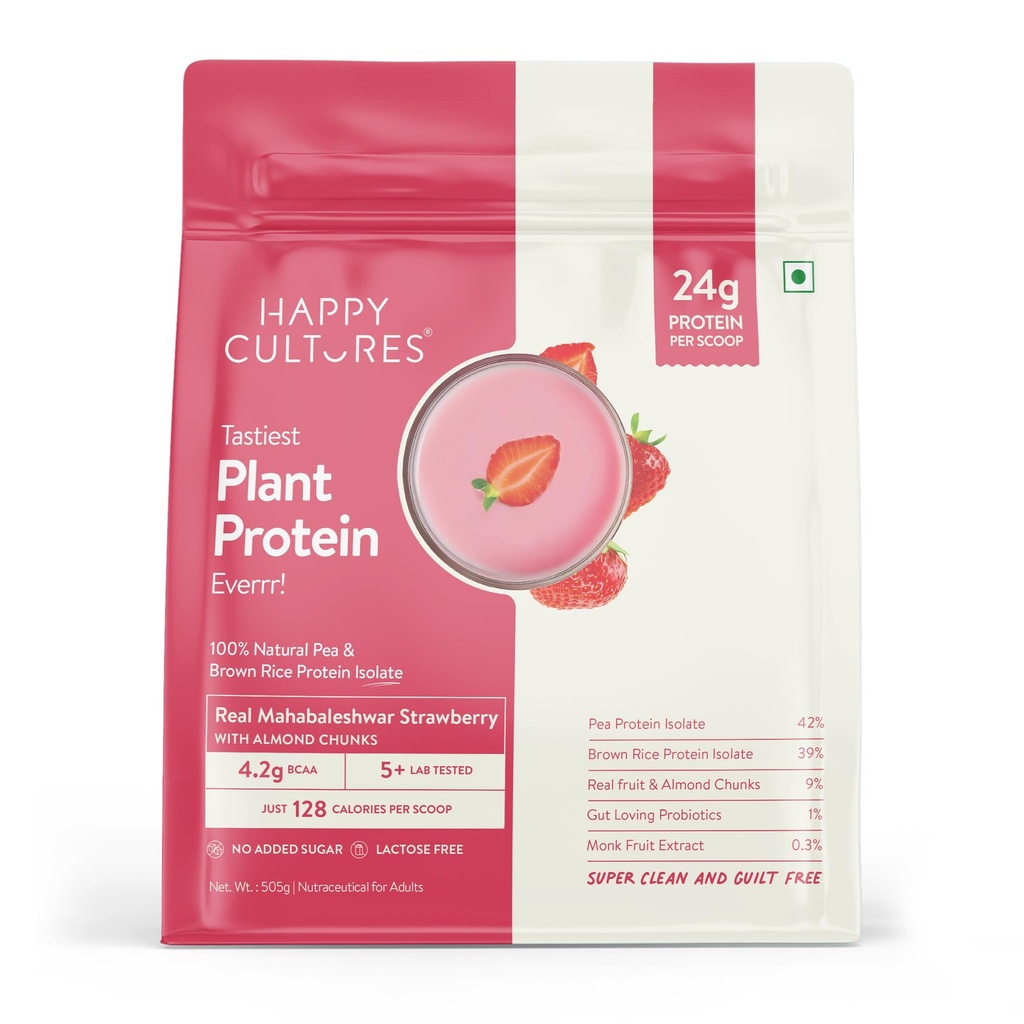 Happy Cultures 24g Tastiest Plant Protein| Mahabaleshwar Strawberry & Almond Chunks| No Added Sugar| Pea & Brown Rice Protein Isolate| Vegan| 20 Complete Amino Acids| Monk Fruit Extract| Women & Men| No Bloating, Easy to Digest| Dairy Free with Probiotics - 505g