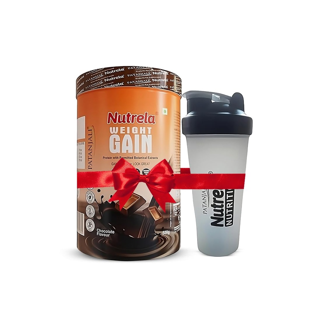 Nutrela Weight Gainer Powder - 500 gram, Chocolate Flavour with Free Shaker Bottle | 20g Protein, 66.8 Carbs, 13 Vitamins & 12 Minerals with Khandsari Sugar | Ideal for Athlete, Men, Women & Kids above 10 Year