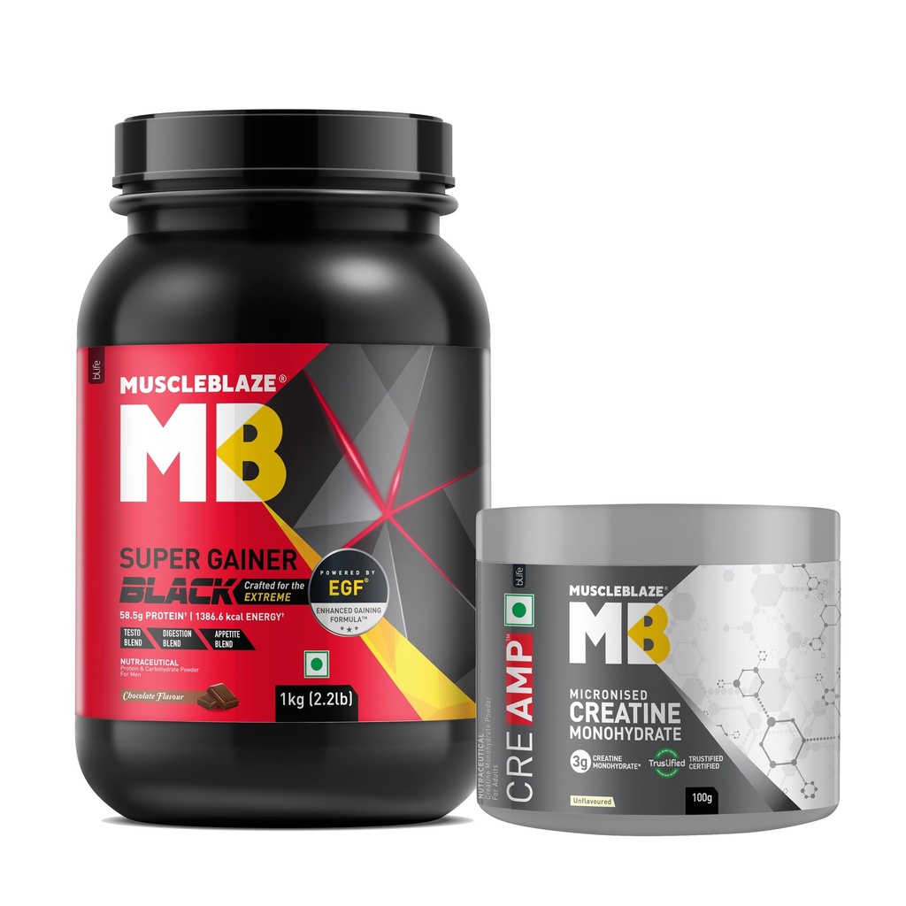 MuscleBlaze Super Gainer Black, Chocolate, 1kg (2.2lbs) + Creatine 100g