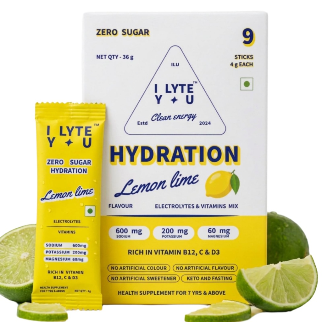I LYTE YOU – Electrolyte Powder Hydration Sticks | Zero Sugar | Sodium, Potassium & Magnesium with Vitamins B12, C & D3 | For Workout, Travel & Daily Hydration | Lemon Lime | 9 Sachets