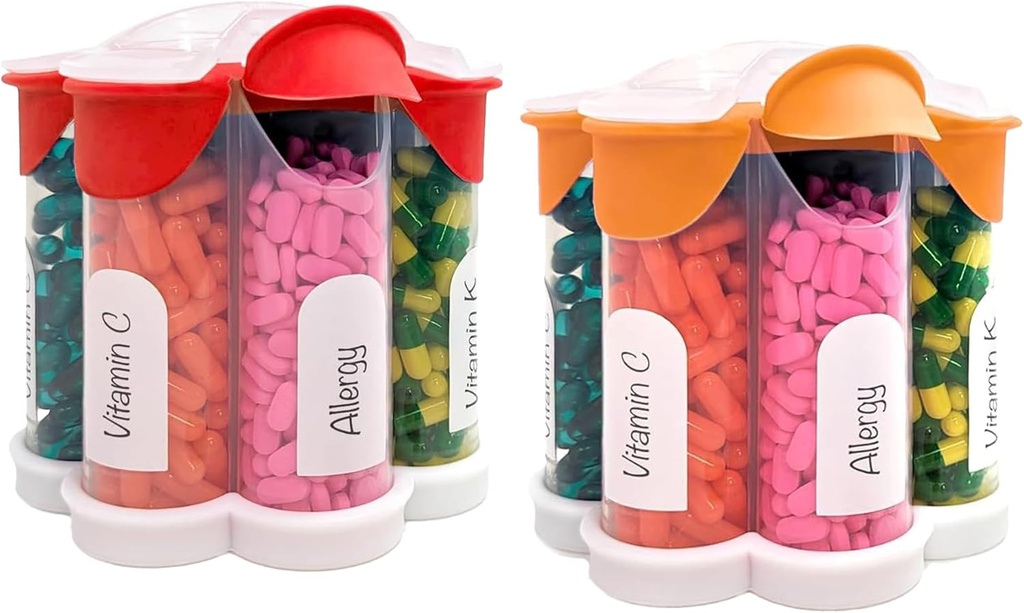 Extra Velký Pořadatel pilulek Denní, Týdenní, Měsíční dodatek Lahvička, Cute Blossom Pill Dipenser se 7 XL Compartments (2 Pack Combo) (oranžová a červená)