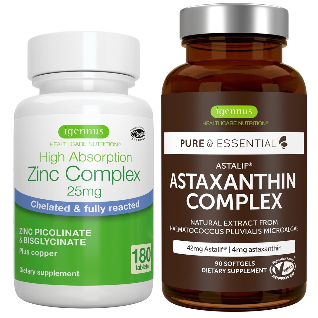 Astaxanthin Complex + Zinc Complex Vegan Bundle, Antioxidant Support for Skin, Hair & Nails, by Igennus