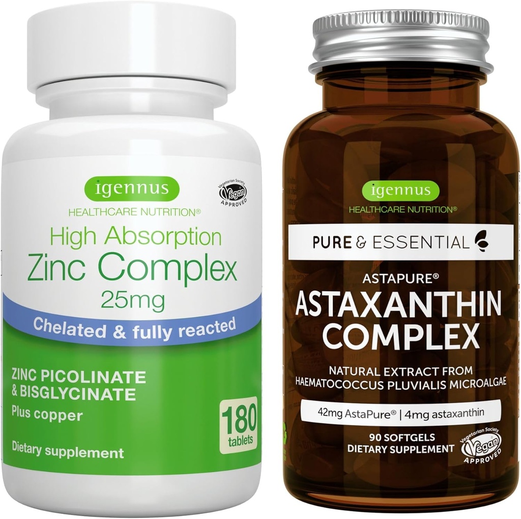 Astaxanthin Complex + Zink Complex Vegan Bundle, Antioxidant Support for Skin, Hair & Nails, by Igennus