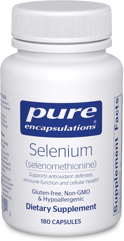 Encapsulamentos puros Selenium - 200 mcg - para função celular saudável, sistema imunológico e defesas antioxidantes - Suplemento mineral - Vegan & Gluten Grátis - 180 Cápsulas