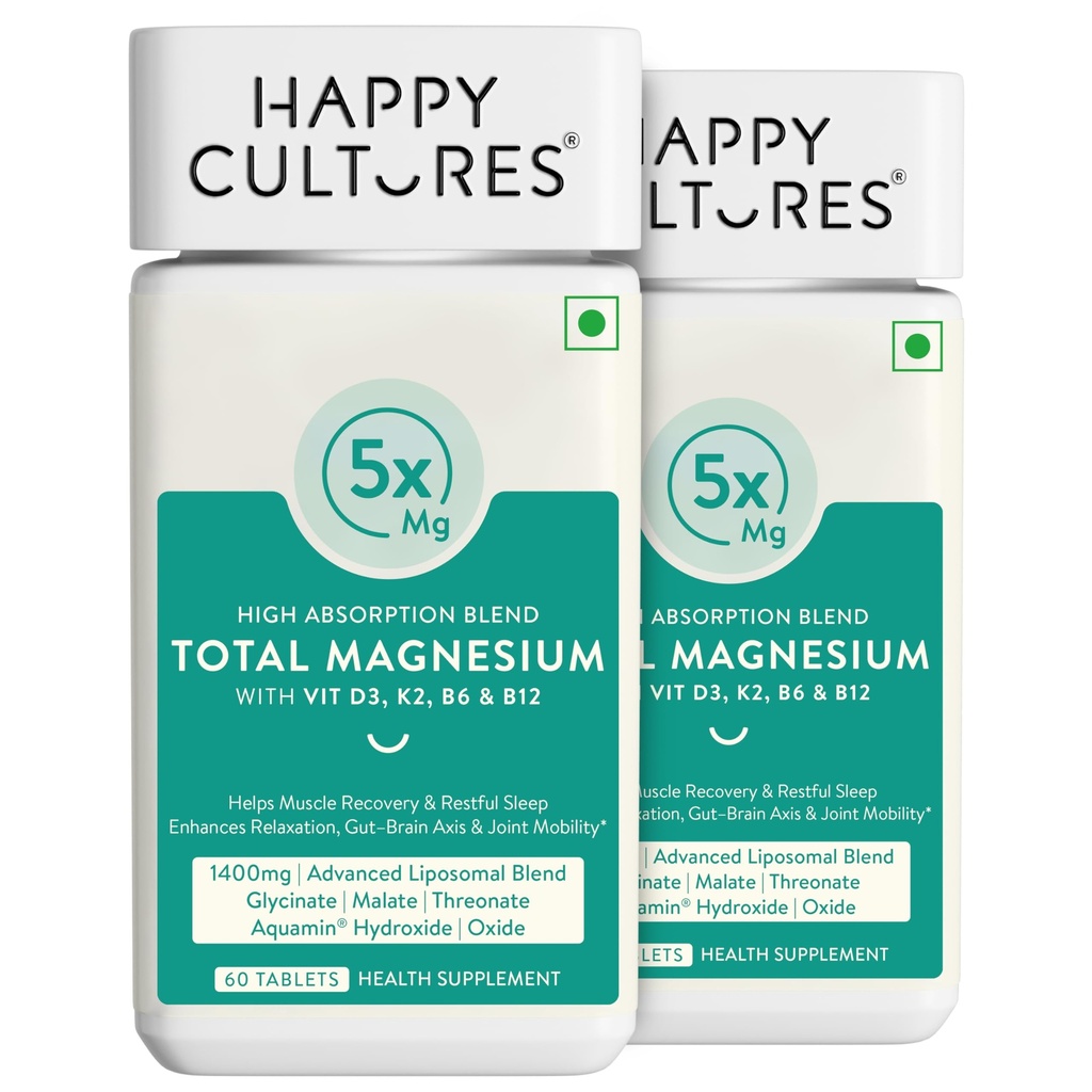 Happy Cultures 5X Total Magnesium Glycinate | 1400mg Blend of 5x Mg Complex | 440mg Elemental Magnesium | Vitamin D3, K2, B6, B12 | Promotes Deep Sleep, Muscle Recovery & Heart Health | 120 Capsules