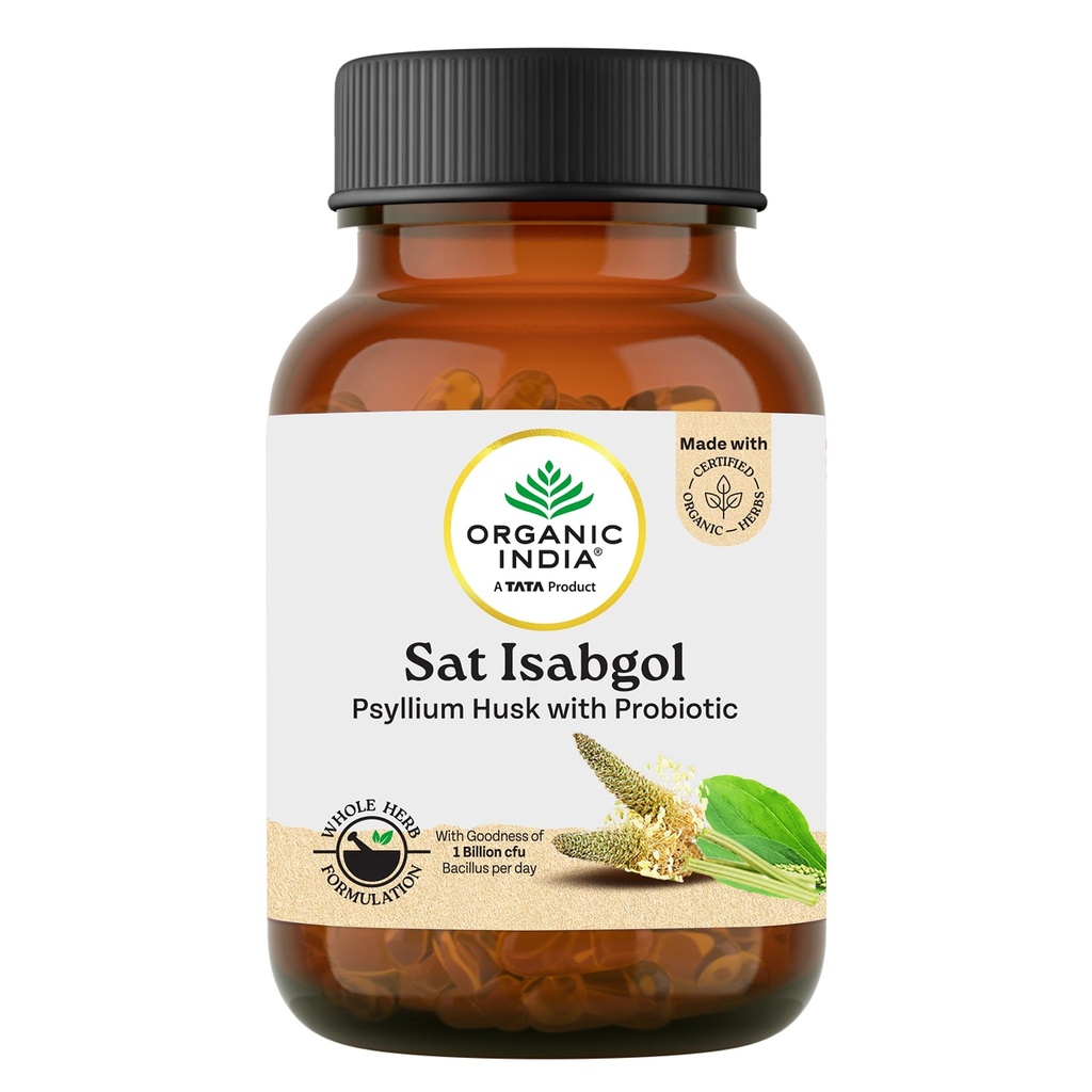 Organic India Sat Isabgol Capsules, 60 Capsules, Psyllium Husk with Probiotics, with Goodness of 1 Billion cfu Bacillus Coagulans, Supports Digestion & Healthy Gut Microbiome, Relieves Constipation