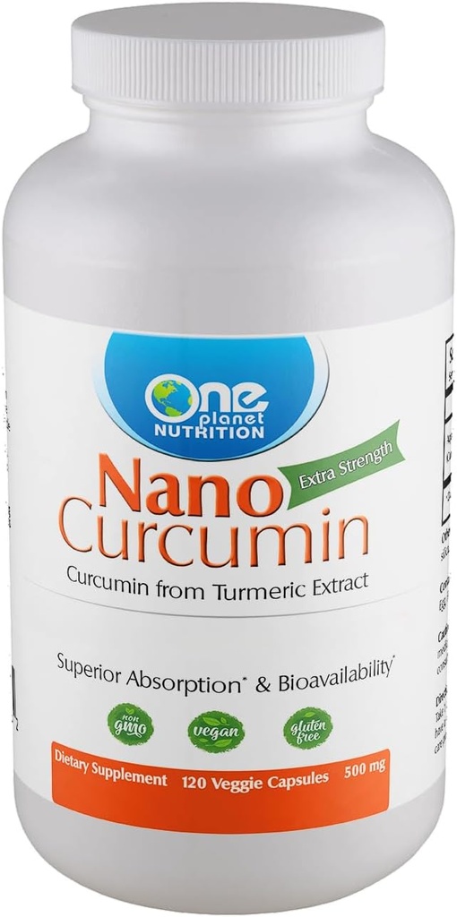 One Planet Nutrition Nano Curcumin 500 mg Cápsulas Veggie (120 Servings), Nano para alta absorção, Suporta Saúde Imune, Não-GMO, Vegan, Sem glúten