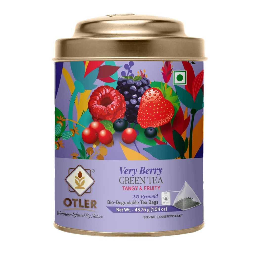 Otler Very Berry Green Tea | 25 Fruity Tea Bags in Reusable Metal Caddy | Berry-Flavoured Green Tea | Medium Caffeine | Refreshing, Aromatic & Light |