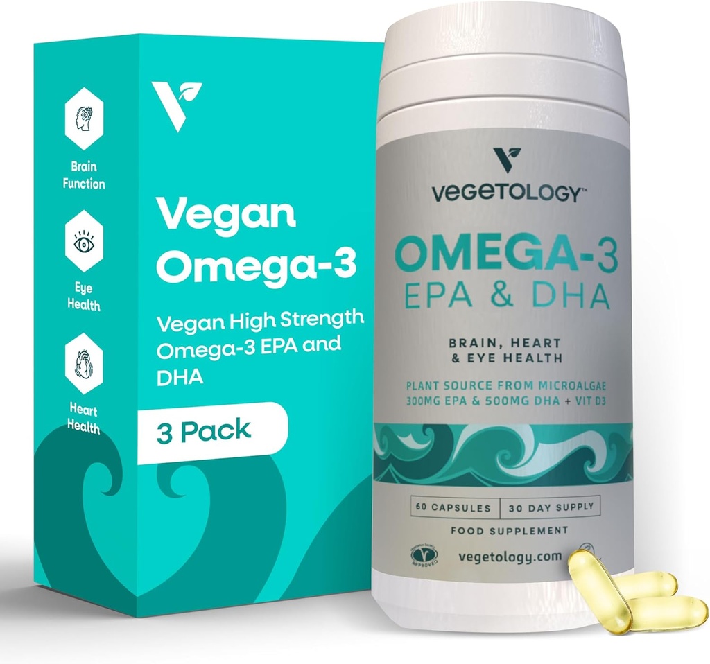 Supplément Vegan Omega 3 – EPA, Suppléments DHA et Vitamine D3 – Algae Omega 3 Supplément Vegan pour la santé du cerveau, des yeux et du cœur – pour les enfants et les adultes (180 capsules)