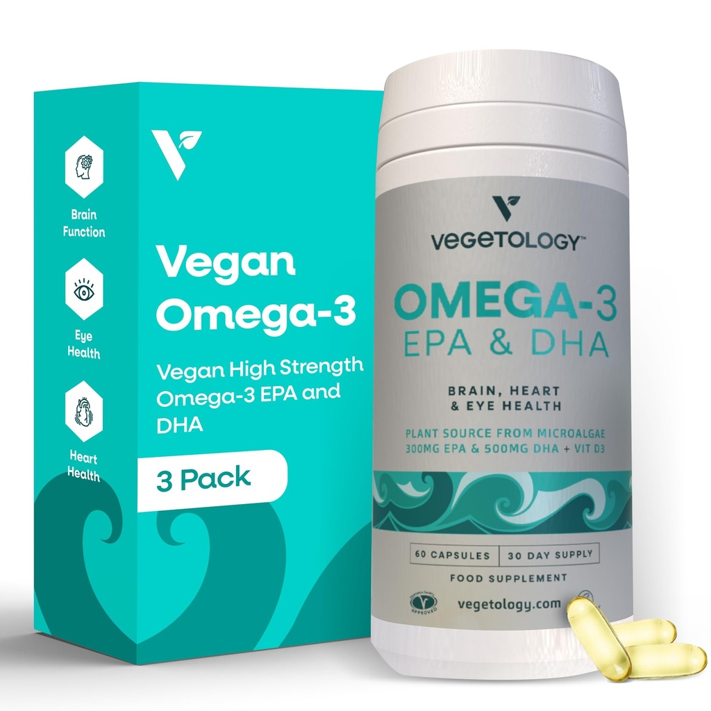 VEGETOLOGY Vegan Omega 3 Supplement – EPA, DHA Supplements & Vitamin D3 – Algae Omega 3 Vegan Supplements for Brain, Eye & Heart Health – for Kids & Adults (180 Capsules)