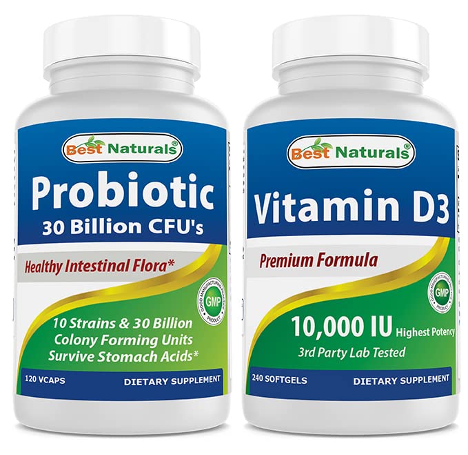 Best Naturals Probiotic 10 Strains & 30 Billion CFU & Vitamin D3 10000 IU