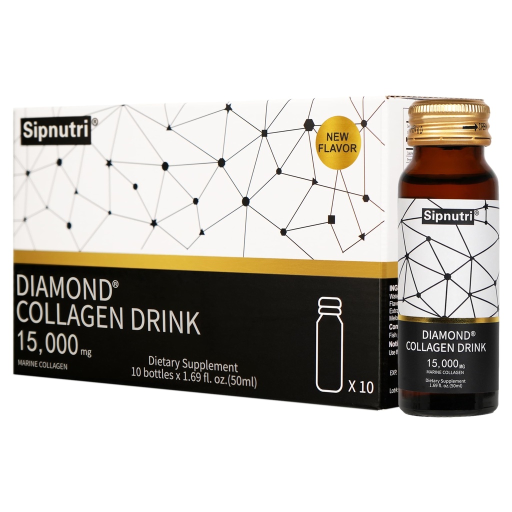 Diamond Marine Collagen Drink,15000mg Hydrolyzed Collagen Peptides for Women and Men, with Vitamin C, Pomegranate, Healthy Hair Skin Nails Joints Bones Support, 50 ml x 10 Bottles