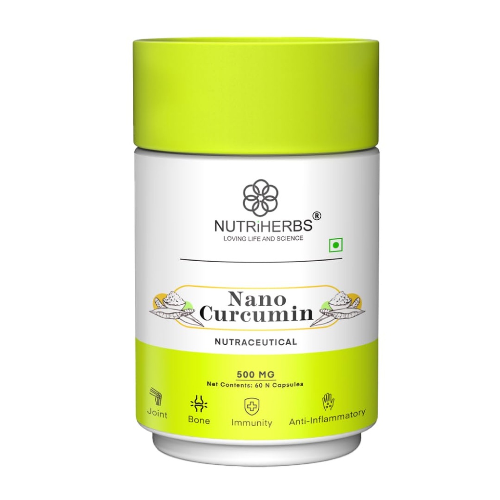 NUTRIHERBS Nano Curcumin 500mg Capsules | Immunity Booster for Men & Women | Joint Pain Relief & Digestion Support | Turmeric Curcumin for Better Absorption | 60 Capsules